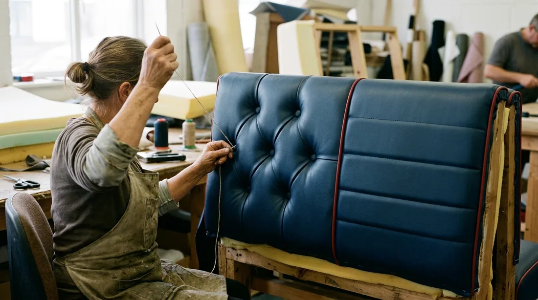 Channel stitching, buttoned tufting, and contrast welt cords all get rebuilt to match — Grand Rapids, MI