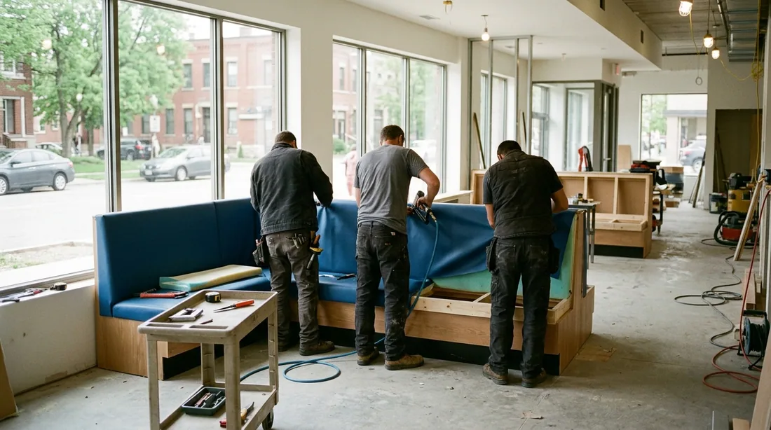 A small professional crew working on a booth upholstery job at a property, seen from behind and at — Grand Rapids, MI